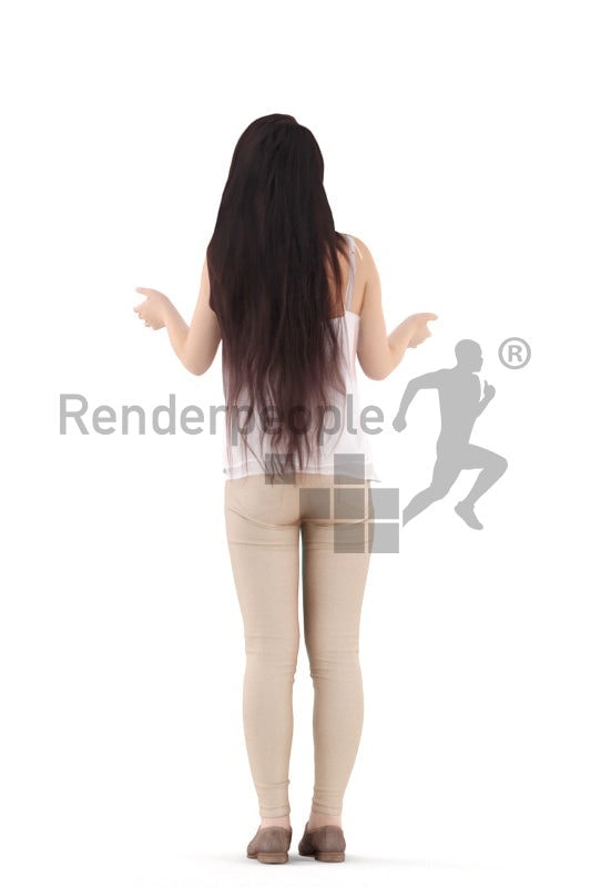 Posed 3D People model for renderings – asian woman in daily spring outfit, standing and talking