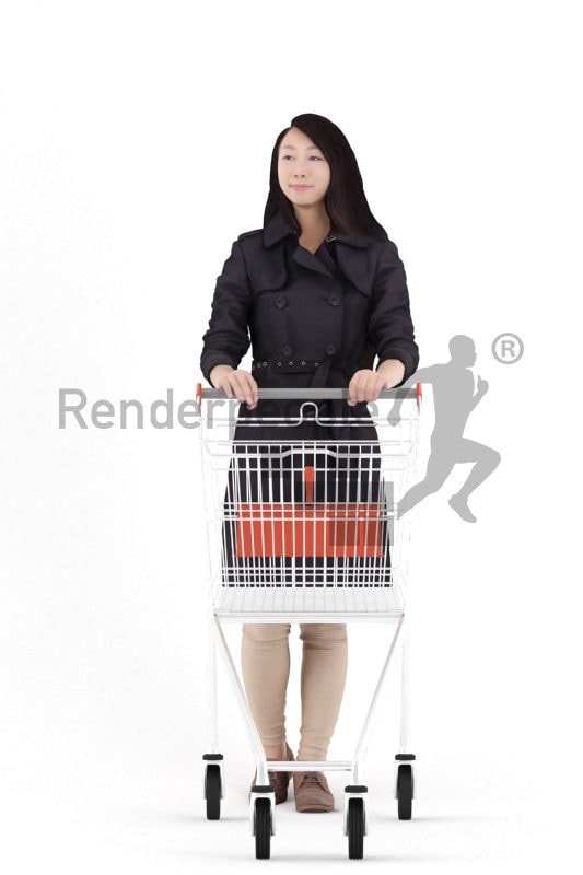 Photorealistic 3D People model by Renderpeople – asian woman in a trenchcoat, walking with a shopping cart
