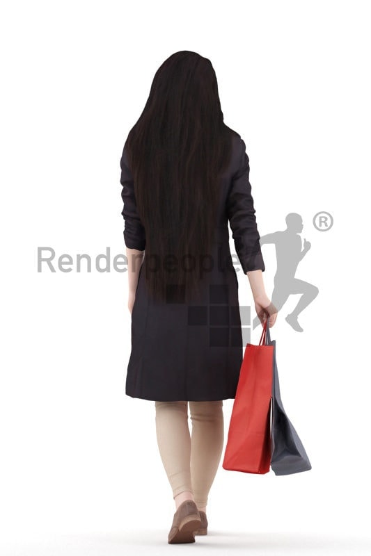 Photorealistic 3D People model by Renderpeople – asian woman with trenchcoat, walking with paperbags