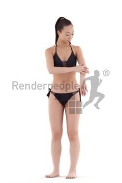Realistic 3D People model by Renderpeople – asian woman in swimmwear, putting on sunscreen