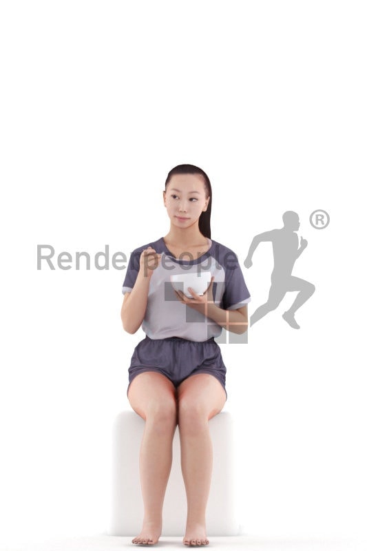 3D People model for 3ds Max and Blender – asian woman in shorty pyjama, sitting and eating cornflakes