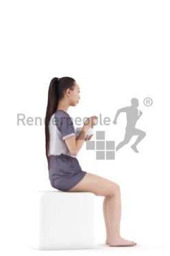 3D People model for 3ds Max and Blender – asian woman in shorty pyjama, sitting and eating cornflakes
