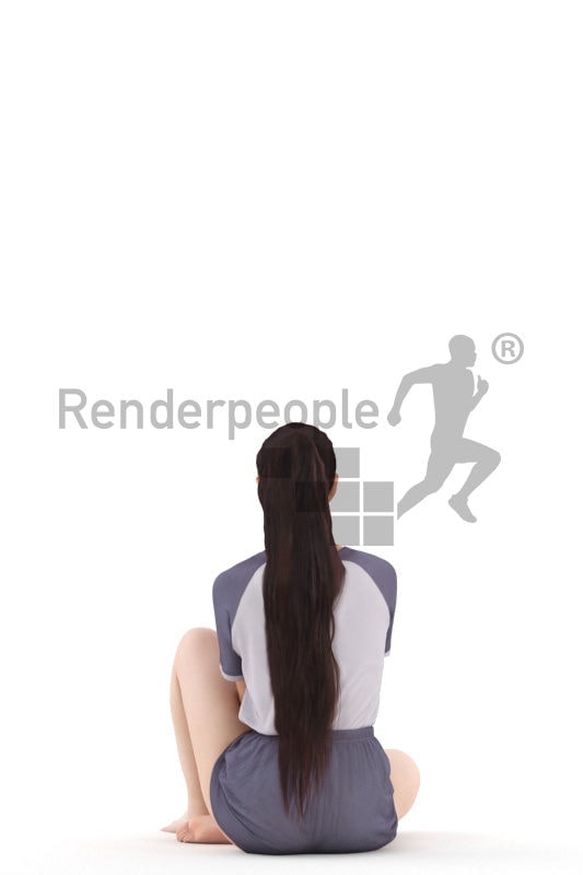 Posed 3D People model for visualization – asian woman in sleepwear, sitting and using the remote controller