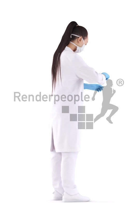 3D People model for 3ds Max and Maya – asian woman in lab kit, doing an experiment