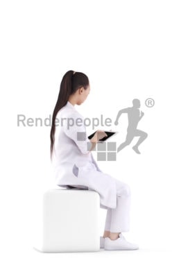 Realistic 3D People model by Renderpeople – asian woman in doctors kit, sitting and doing something with a tablet