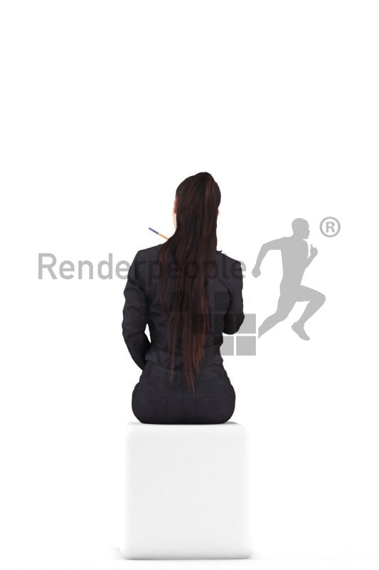 Scanned 3D People model for visualization – asian female in business look, sitting and pointing on something with a pen