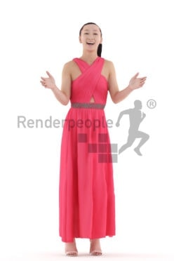 Scanned 3D People model for visualization – asian female in maxi event dress, standing and communicating