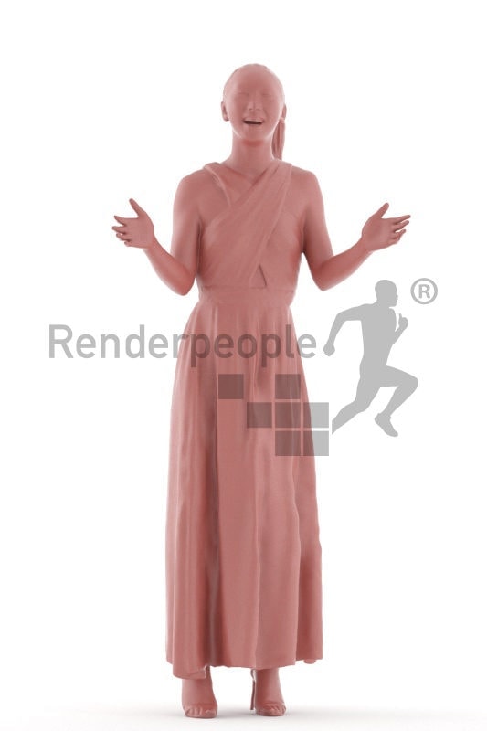 Scanned 3D People model for visualization – asian female in maxi event dress, standing and communicating