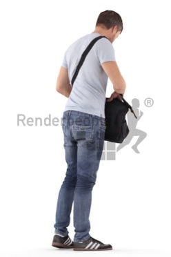 3D People model for 3ds Max and Blender – european man, searching for something in his bag