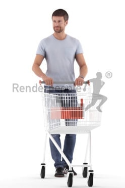 Posed 3D People model by Renderpeople – european man in a daily outfit, walking with a shopping cart