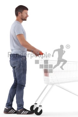 Posed 3D People model by Renderpeople – european man in a daily outfit, walking with a shopping cart