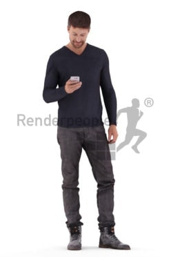 Photorealistic 3D People model by Renderpeople – white man in casual look, standing and texting
