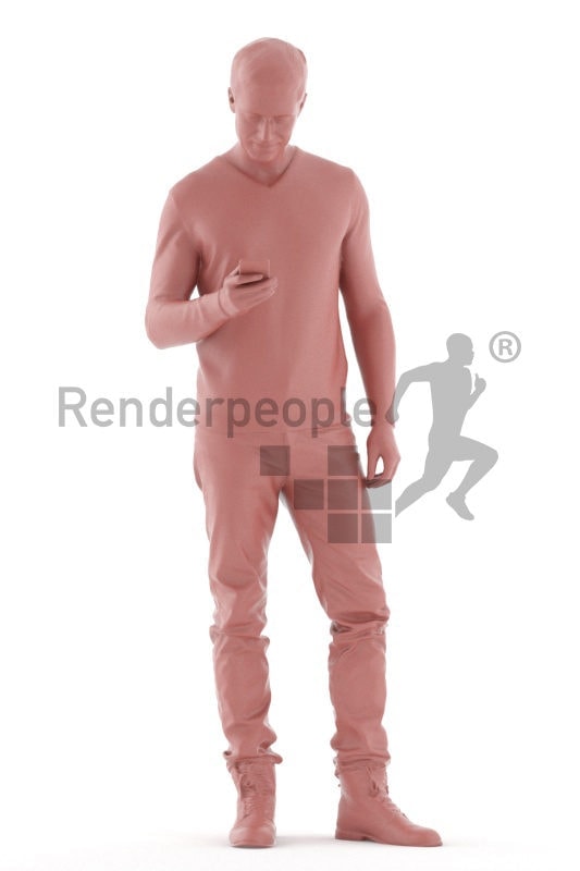 Photorealistic 3D People model by Renderpeople – white man in casual look, standing and texting