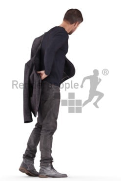 Photorealistic 3D People model by Renderpeople – european man in casual look, putting on his jacket