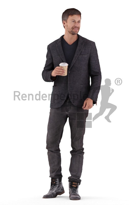 3D People model for 3ds Max and Cinema 4D – euroepan man in smart casual look, walking and drinking coffee