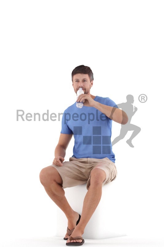 Photorealistic 3D People model by Renderpeople – white man in casual summer look, sitting and drinking water