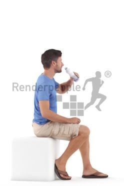 Photorealistic 3D People model by Renderpeople – white man in casual summer look, sitting and drinking water