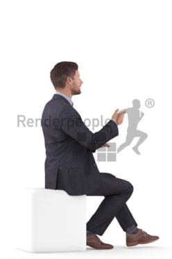 Photorealistic 3D People model by Renderpeople – european man in business suit, sitting and talking