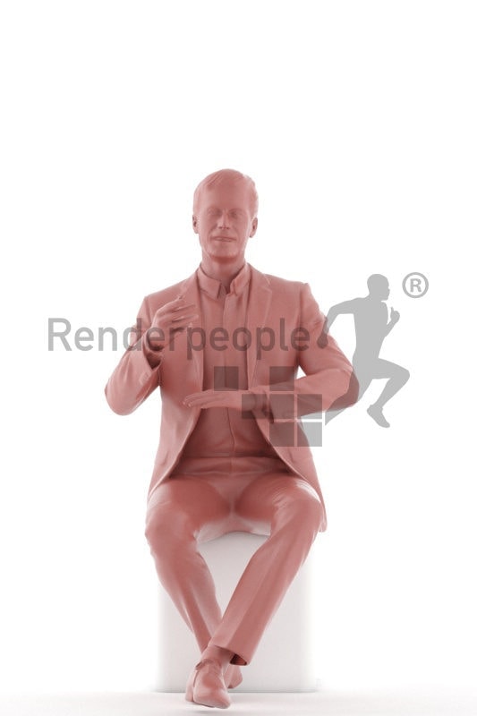 Photorealistic 3D People model by Renderpeople – european man in business suit, sitting and talking
