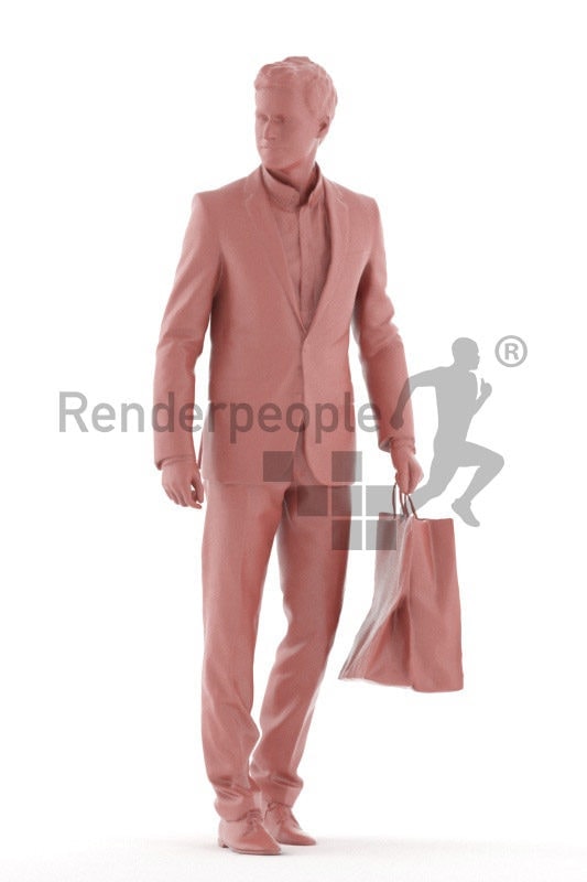 3D People model for 3ds Max and Cinema 4D – european man in business suit, walking with paperbags