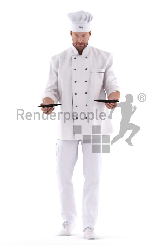 Posed 3D People model for visualization – european male gourmet, serving plates