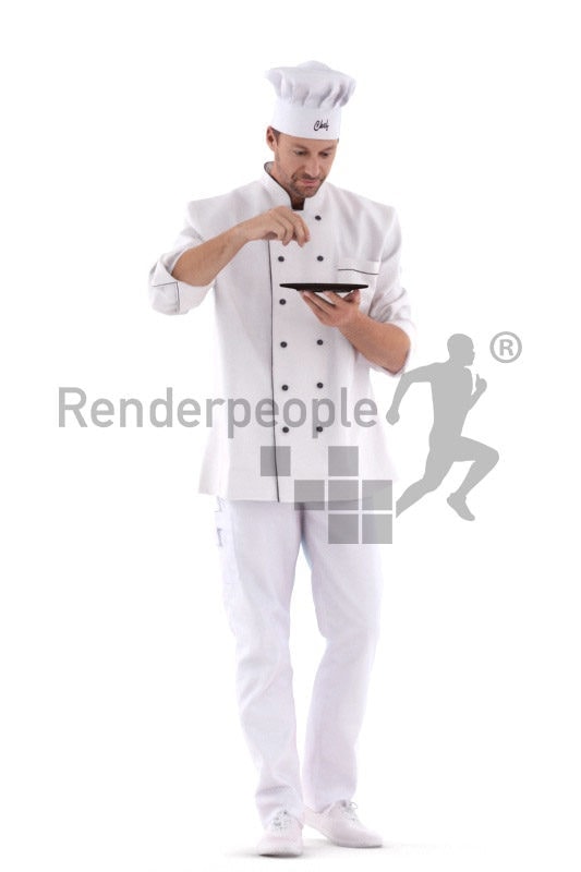Posed 3D People model for visualization – european male gourmet, preparing a plate
