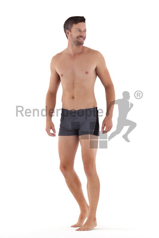 Scanned human 3D model by Renderpeople – european man in swimmshorts, walking and talking