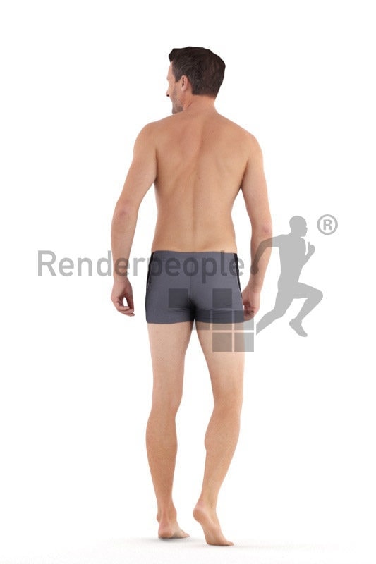 Scanned human 3D model by Renderpeople – european man in swimmshorts, walking and talking