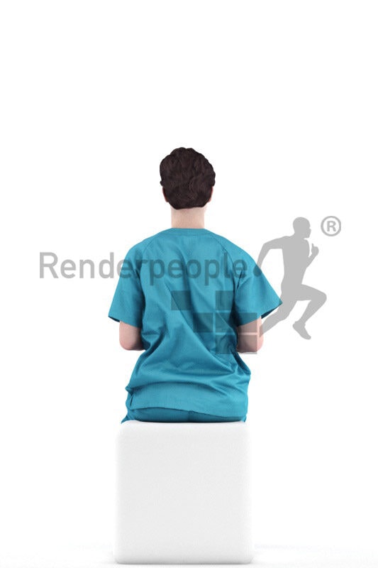 Photorealistic 3D People model by Renderpeople – european men in healthcare outfit, sitting and typing