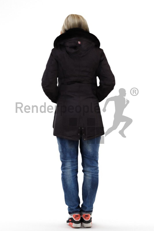 3d people outdoor, white 3d woman wearing a winter jacket