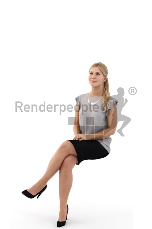 3d people business, white 3d woman sitting and grinning