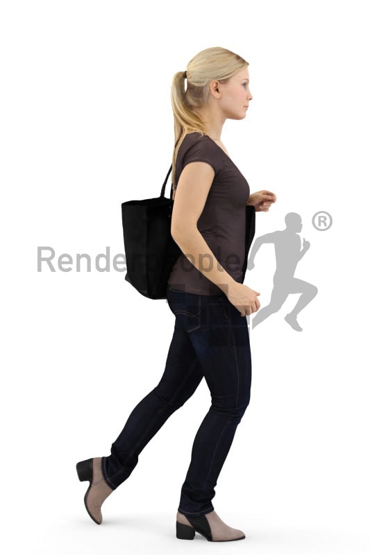 3d people shopping, white 3d woman on shopping tour with a bag