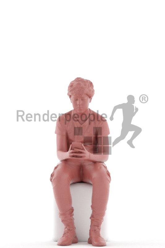 3d people kids, white 3d child sitting with his phone
