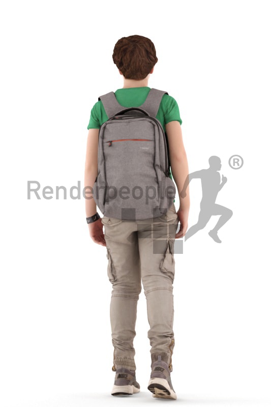 3d people kids, white 3d child walking with his schoolbag
