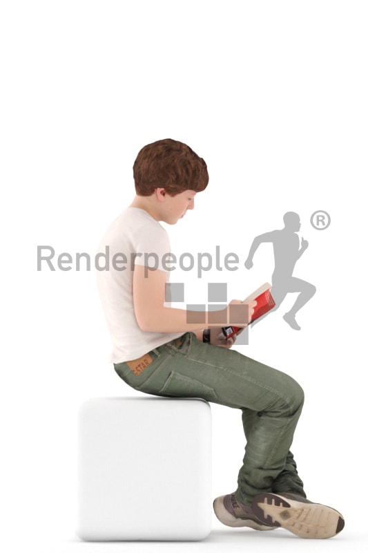 3d people kids, white 3d child sitting and reading