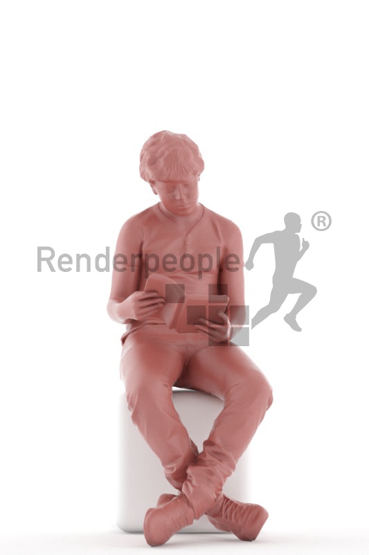 3d people kids, white 3d child sitting and reading
