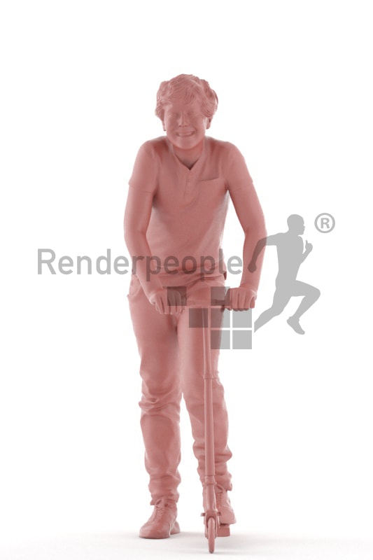 3d people kids, white 3d child standing on a kids scooter