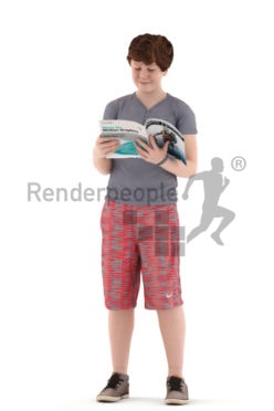 3d people kids, white 3d child standing and reading