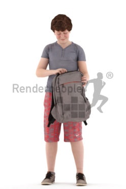 3d people kids, white 3d child standingand looking into his bag