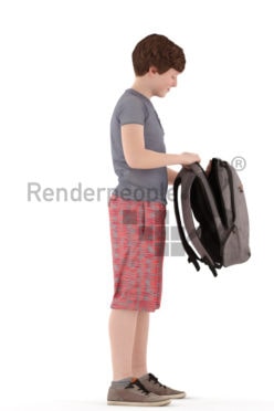 3d people kids, white 3d child standingand looking into his bag
