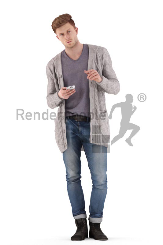 3d people casual, jung man standing checking his mobile phone