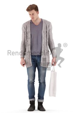 3d people casual, jung man walking with a shopping bag