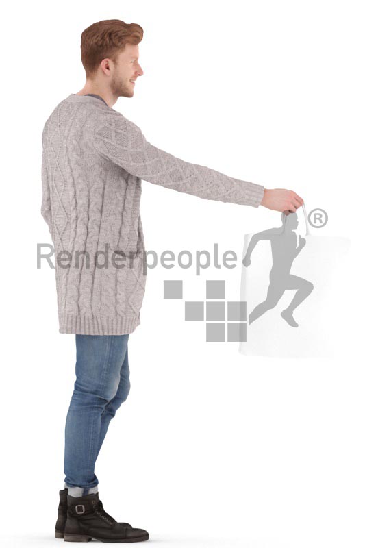 3d people casual, jung man standing, taking a shopping bag