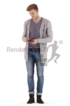 3d people casual, jung man standing and looking into his wallet