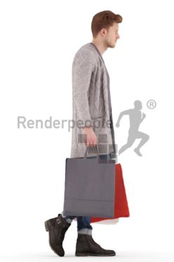 3d people casual, jung man walking with a multiple shopping bag