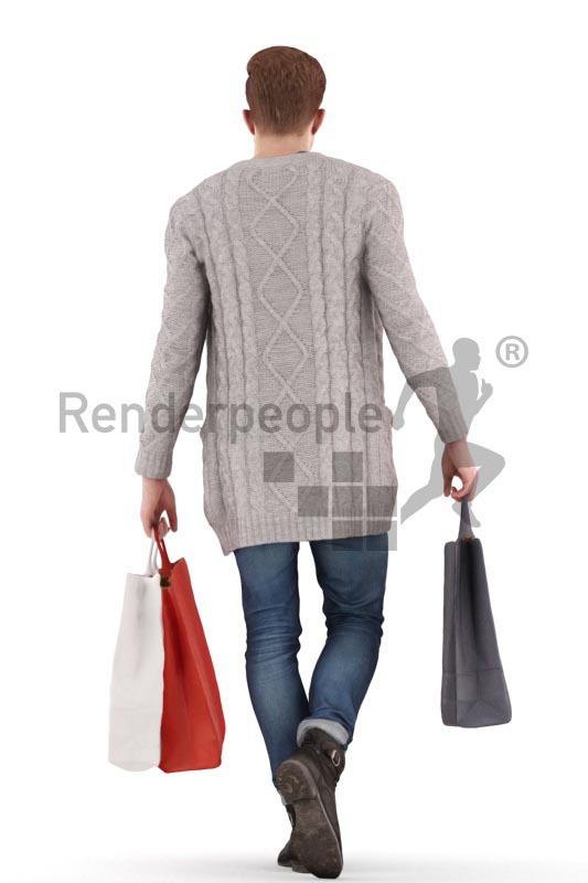 3d people casual, jung man walking with a multiple shopping bag