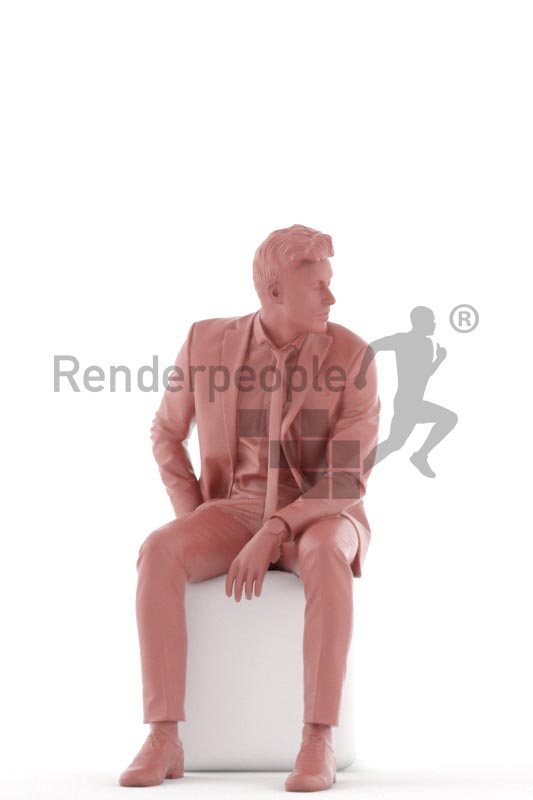 3d people business, jung man sitting, looking over his shoulder