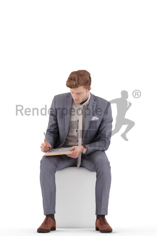 3d people business, jung man sitting and writing