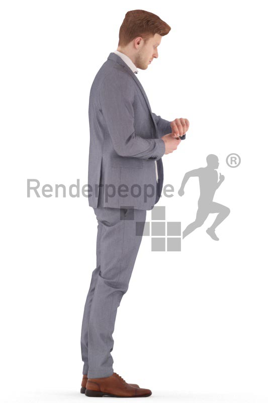 3d people business, young man standing looking on his watch