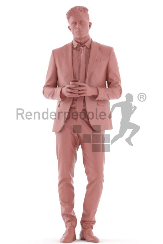 3d people business, young man standing with a cup